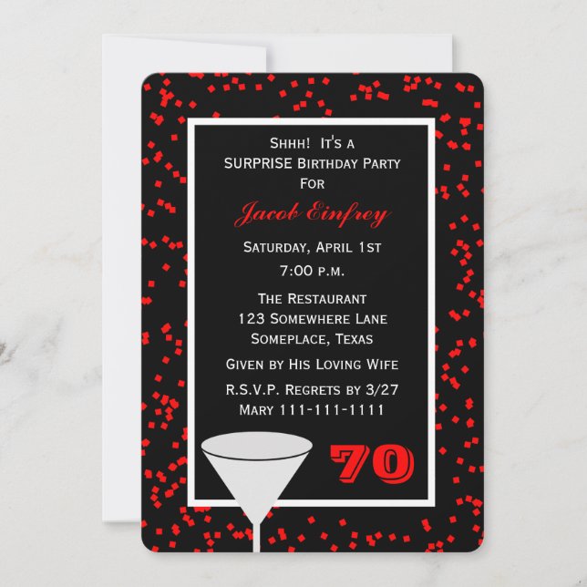 Surprise 70th Birthday Party Glass with Confetti Invitation (Front)