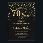 Surprise 70th Birthday Party - Gold Black Invitation<br><div class="desc">Surprise 70th Birthday Party Invitation.
Elegant design in black and faux glitter gold . Features script font and diamonds confetti. Cheers to 70 Years! Message me if you need further customization.</div>