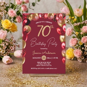 Surprise 70th Birthday Party Gold Burgundy Glitter Invitation
