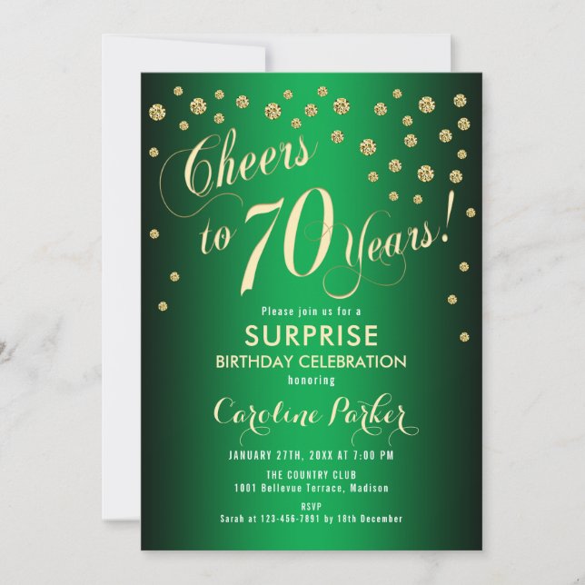 Surprise 70th Birthday Party - Gold Green Invitation (Front)