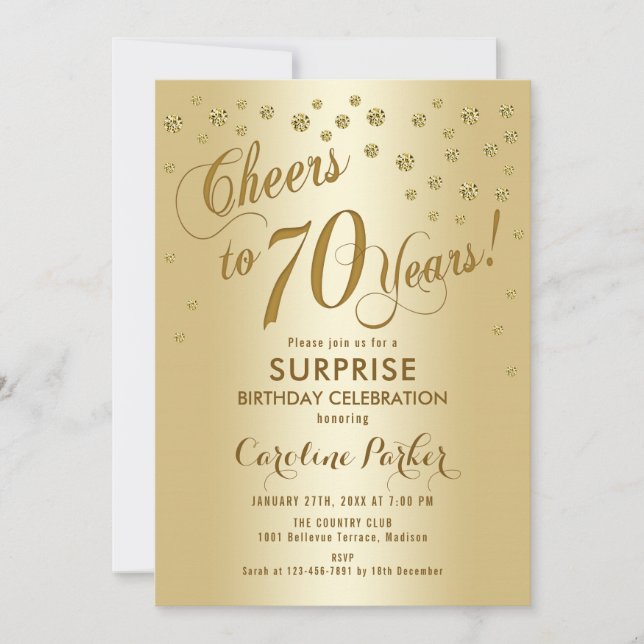 Surprise 70th Birthday Party - Gold Invitation (Front)
