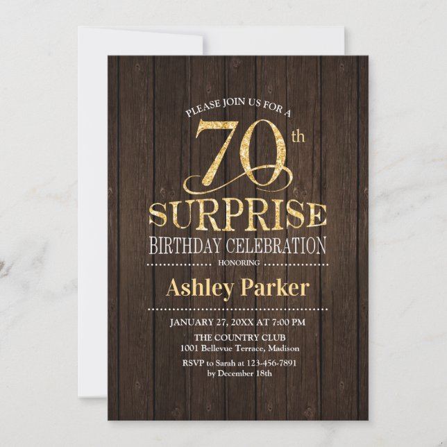 Surprise 70th Birthday Party - Gold Wood Invitation (Front)