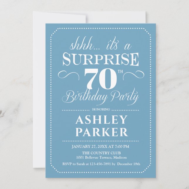 Surprise 70th Birthday Party - Light Blue White Invitation (Front)