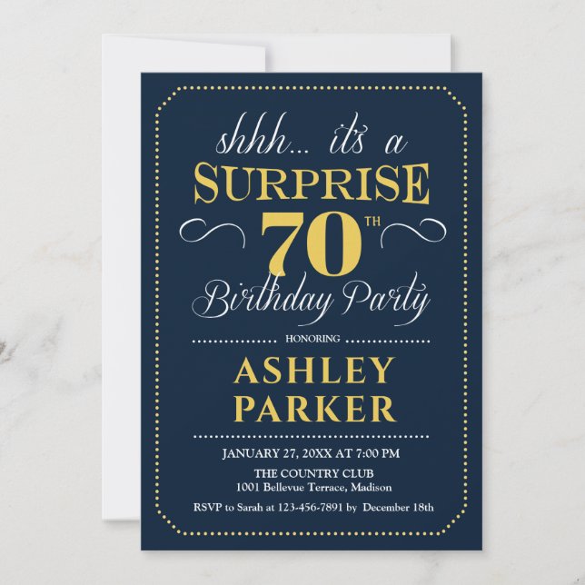 Surprise 70th Birthday Party - Navy Gold Invitation (Front)