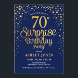 Surprise 70th Birthday Party - Navy & Gold Invitation<br><div class="desc">Surprise 70th Birthday Party Invitation.
Elegant design in navy blue and faux glitter gold. Features stylish script font and confetti. Message me if you need custom age.</div>