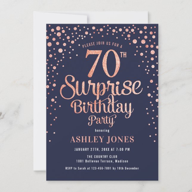 Surprise 70th Birthday Party - Navy & Rose Gold Invitation (Front)