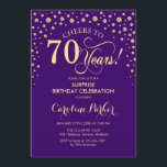 Surprise 70th Birthday Party - Purple Gold Invitation<br><div class="desc">Surprise 70th Birthday Party Invitation.
Elegant design in royal purple and faux glitter gold . Features script font and diamonds confetti. Cheers to 70 Years! Message me if you need further customization.</div>