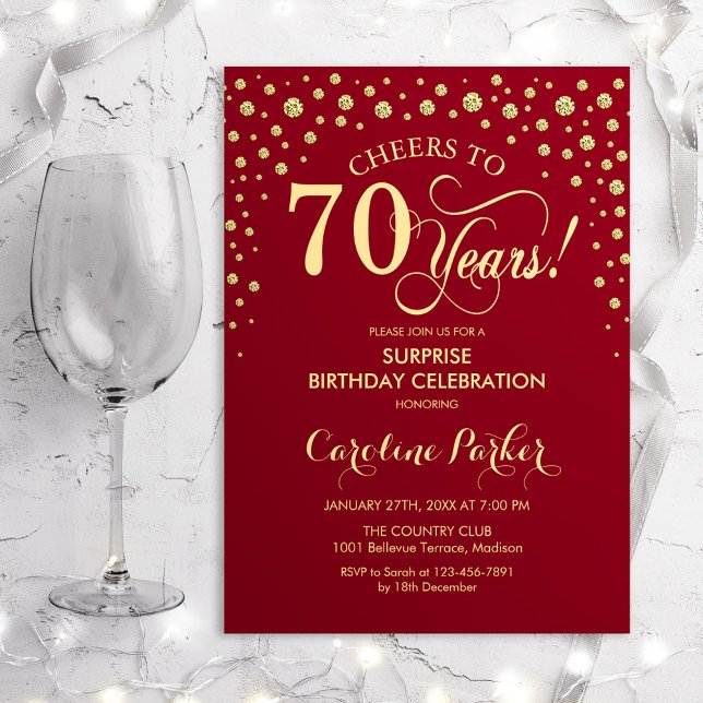 Surprise 70th Birthday Party - Red Gold Invitation (Creator Uploaded)