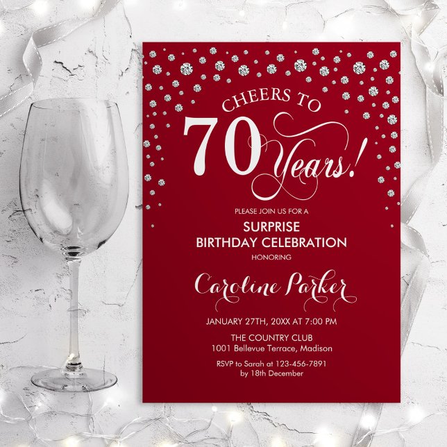 Surprise 70th Birthday Party - Red Silver Invitation (Creator Uploaded)