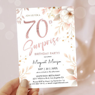 Surprise 70th Birthday Party Rose Gold Girl Floral Invitation