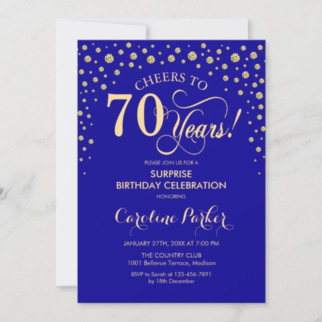 Surprise 70th Birthday Party - Royal Blue Gold Invitation (Front)