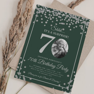 SURPRISE 70th Birthday Party Silver Confetti Green Invitation