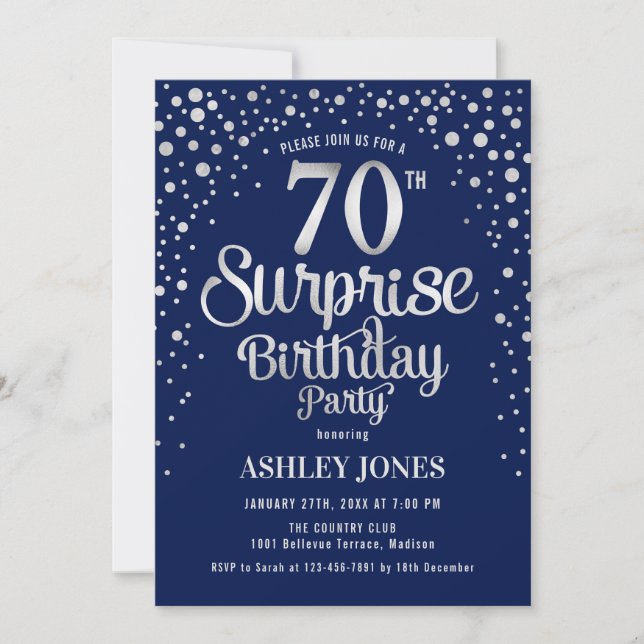 Surprise 70th Birthday Party - Silver & Navy Blue Invitation (Front)
