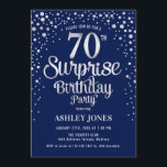 Surprise 70th Birthday Party - Silver & Navy Blue Invitation<br><div class="desc">Surprise 70th Birthday Party Invitation.
 Elegant design in navy blue and faux glitter silver. Features stylish script font and confetti. Message me if you need custom age.</div>