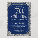 Surprise 70th Birthday Party - Silver Navy Blue Invitation<br><div class="desc">Surprise 70th Birthday Celebration Invitation.
Elegant classy design in navy blue and faux glitter silver pattern. Features elegant script font. Message me if you need further customisation.</div>