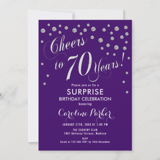 Surprise 70th Birthday Party - Silver Purple Invitation (Front)