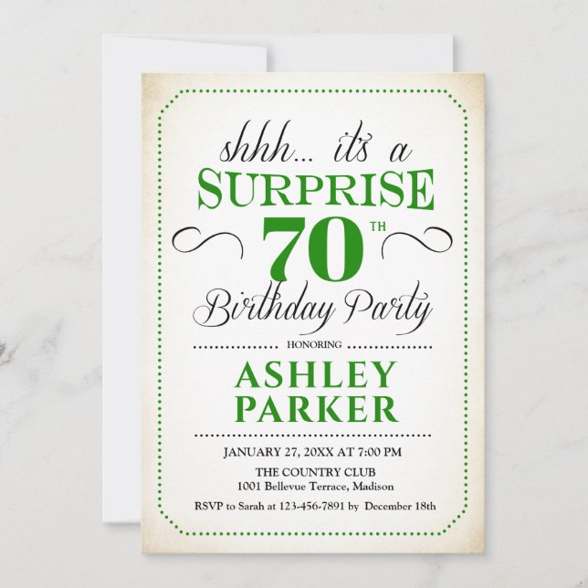 Surprise 70th Birthday Party - White Green Invitation (Front)