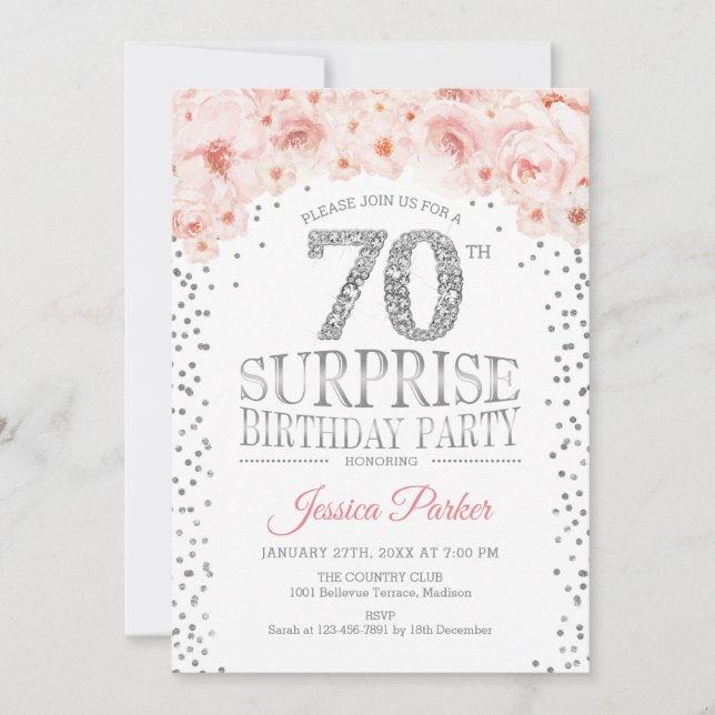 Surprise 70th Birthday Party - White Silver Pink Invitation (Front)