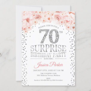 Surprise 70th Birthday Party - White Silver Pink Invitation