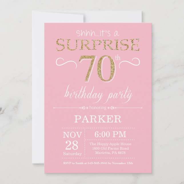 Surprise 70th Birthday Pink and Gold Glitter Invitation (Front)