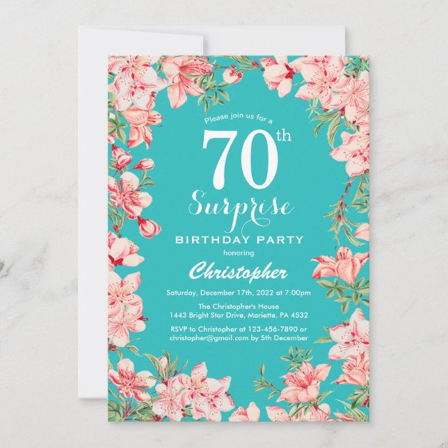 Surprise 70th Birthday Pink Floral Flowers Teal Invitation (Front)