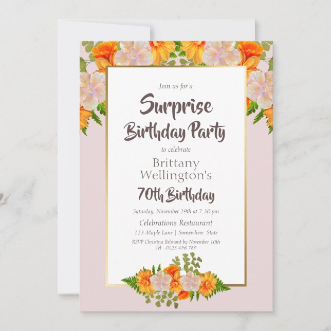 Surprise 70th Birthday Pink Orange Floral Party Invitation (Front)