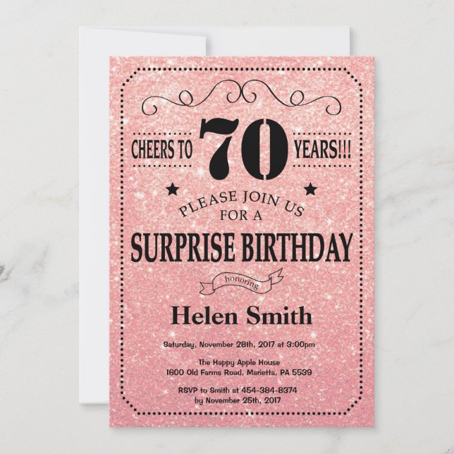 Surprise 70th Birthday Pink Rose Gold Glitter Invitation (Front)