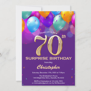 Surprise 70th Birthday Purple and Gold Balloons Invitation