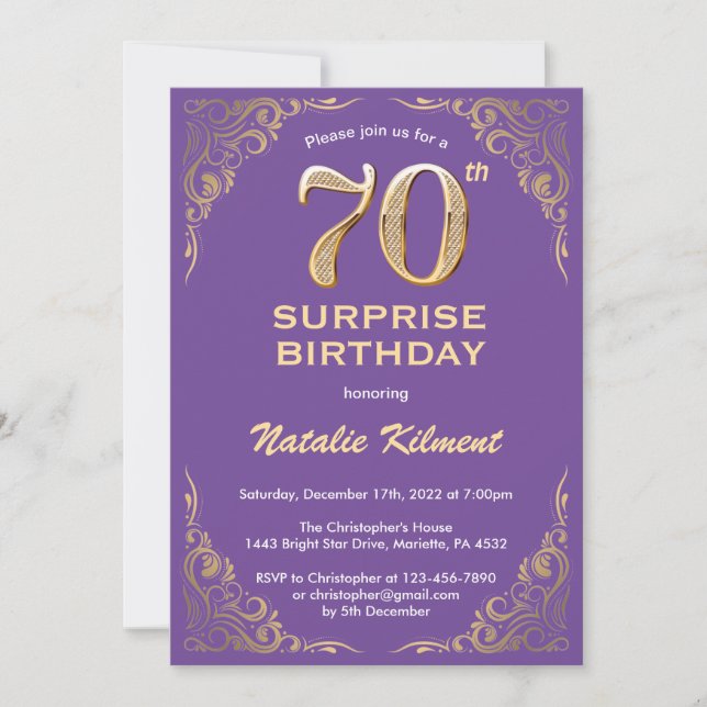 Surprise 70th Birthday Purple and Gold Glitter Invitation (Front)