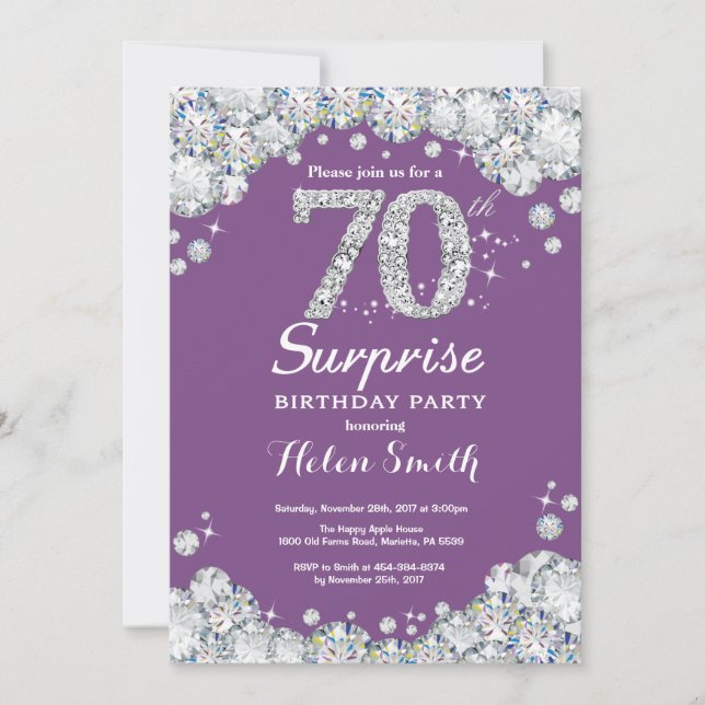 Surprise 70th Birthday Purple and Silver Diamond Invitation (Front)