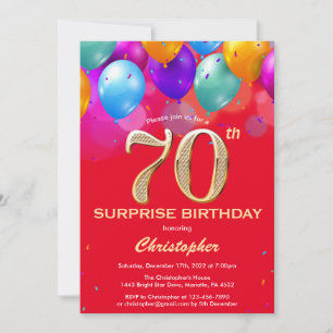 Surprise 70th Birthday Red and Gold Balloons Invitation