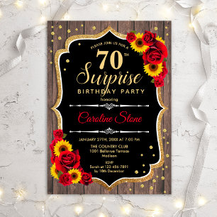 Surprise 70th Birthday - Rustic Wood Sunflowers Invitation