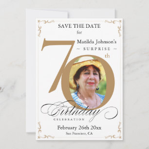 Surprise 70th Birthday Save The Date Gold White Invitation