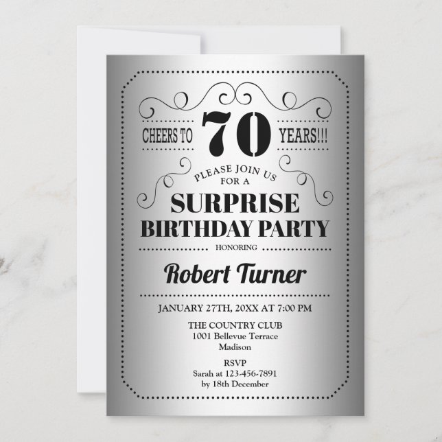 Surprise 70th Birthday - Silver Black Invitation (Front)