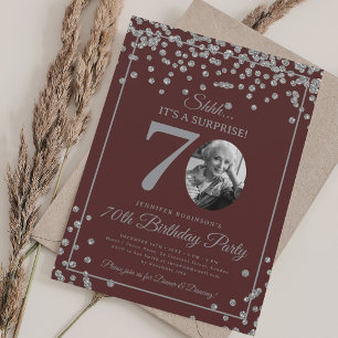 SURPRISE 70th Birthday Silver Confetti Burgundy  Invitation