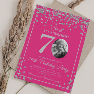 SURPRISE 70th Birthday Silver Confetti Hot Pink Invitation