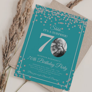 SURPRISE 70th Birthday Silver Confetti Turquoise  Invitation