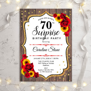 Surprise 70th Birthday - Sunflowers Rustic Wood Invitation