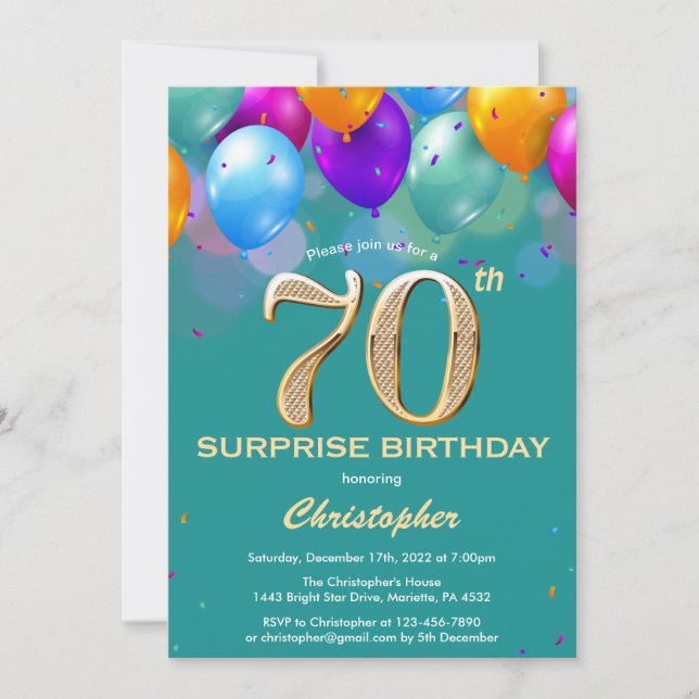 Surprise 70th Birthday Teal and Gold Balloons Invitation (Front)
