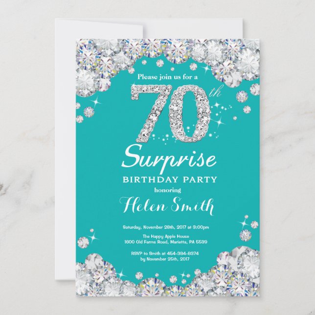 Surprise 70th Birthday Teal and Silver Diamond Invitation (Front)