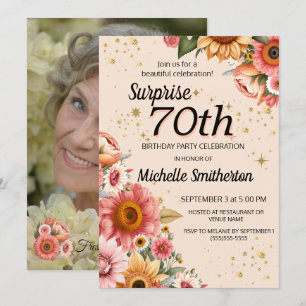 Surprise 70th Blush Peach Floral Photo Birthday Invitation