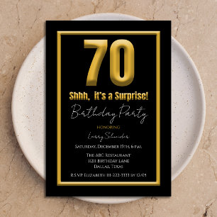 Surprise 70th Bold 70 Black and Gold Birthday Invitation