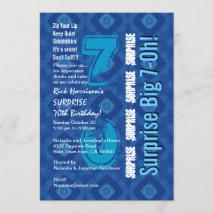SURPRISE 70th Modern Birthday Blue and White V34 Invitation