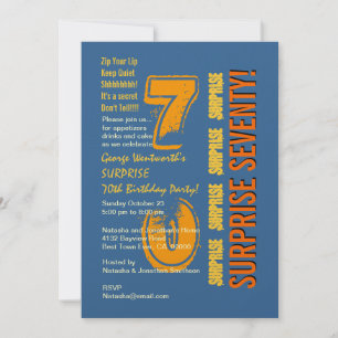 SURPRISE 70th Modern Birthday Blue Gold Yellow Invitation