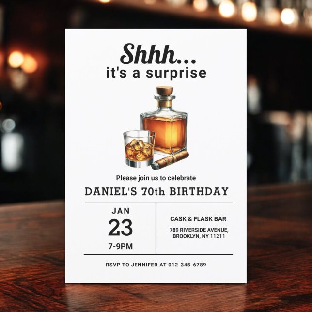 Surprise 70th Whiskey Cigar Bourbon Birthday Party Invitation (Creator Uploaded)
