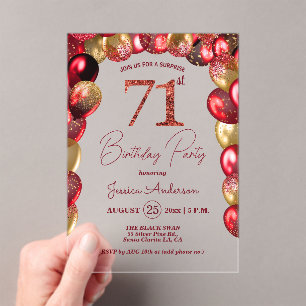 Surprise 71st Birthday Party Gold Burgundy Glitter Acrylic Invitations