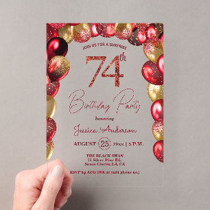 Surprise 74th Birthday Party Gold Burgundy Glitter Acrylic Invitations