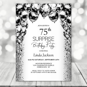 Surprise 75th Birthday Black White Balloons Party Invitation