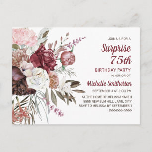 Surprise 75th Birthday Burgundy Blush Pink Floral Postcard