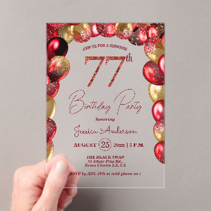 Surprise 77th Birthday Party Gold Burgundy Glitter Acrylic Invitations